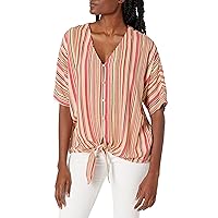 Seven7 womens Short Sleeve Button Down Tie Blouse, Highlighter Stripe, Large US