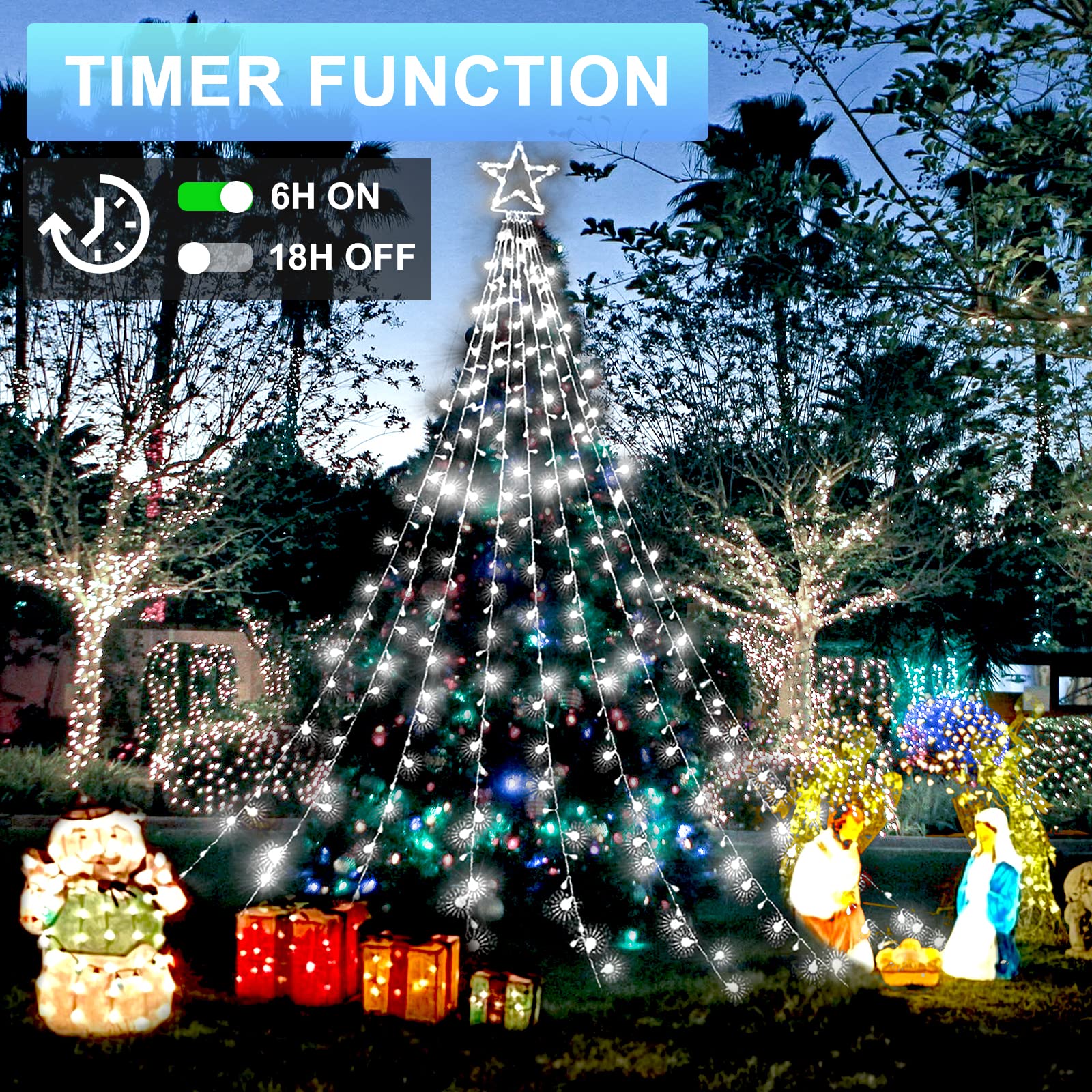 Christmas Decorations Outdoor Tree Lights Cool White 12.7FT 344LEDs Waterfall Christmas Star Lights 8 Lighting Modes and Timer Xmas Hanging Lights for Yard Wedding Holiday Wall