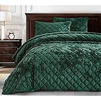 Chezmoi Collection Lux Forest Green Velvet Quilt Queen Set, 3-Piece Plush Distressed Velvet Bedding All Season Lightweight Comforter Brushed Microfiber Reverse with Diamond Stitch Quilting