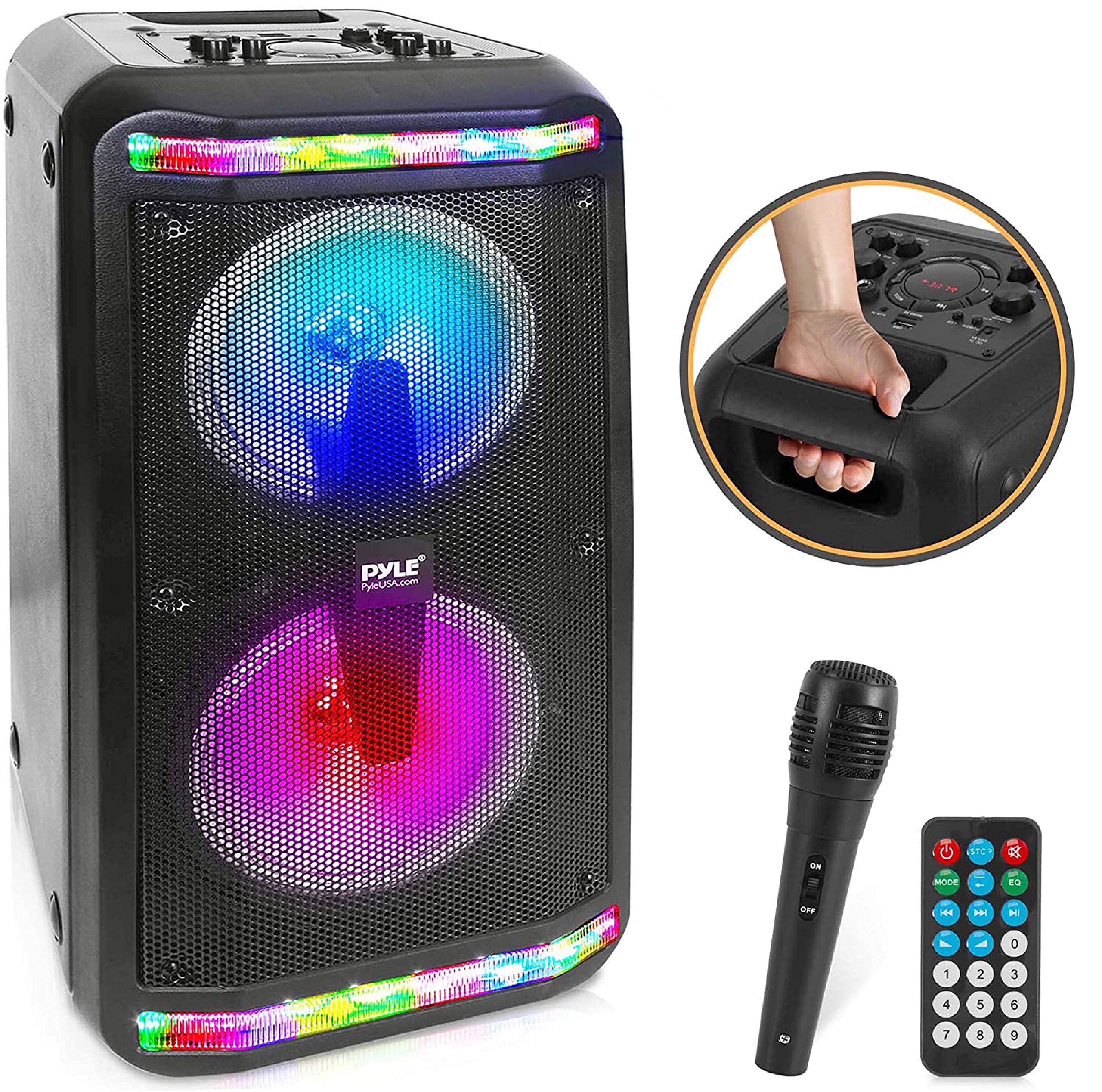 Pyle Bluetooth Speaker & Microphone System - Portable Stereo Karaoke Speaker with Wired Mic, Built-in LED Party Lights, MP3/USB, FM Radio (6.5’’ Subwoofers, 500 Watt MAX) (PPHP266B.5)