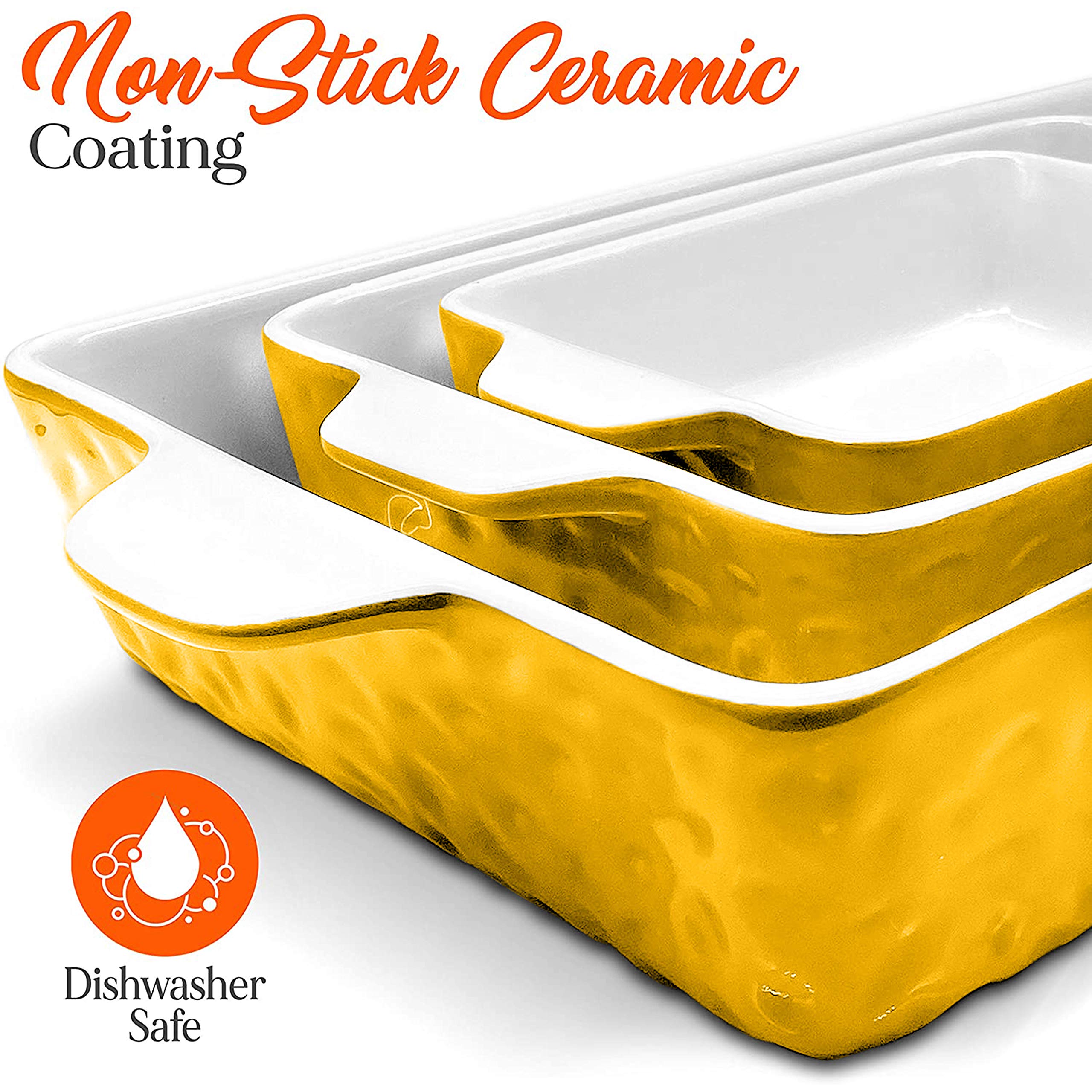 NutriChef 3Pcs. Nonstick Bakeware PFOA PFOS PTFE Tray Set w/Odor-Free Ceramic, 446°F Oven Microwave/Dishwasher Safe Rectangular Baking Pan, 11.6 x 7.8, Yellow
