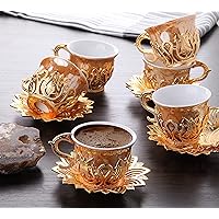 LaModaHome Espresso Coffee Cups with Saucers Set of 6, Porcelain Turkish Arabic Greek Coffee Cup and Gold Saucer, Coffee Cup for Women, Men, Adults, New Home Wedding Gifts