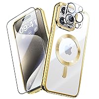 JUESHITUO Magnetic Titanium for iPhone 15 Pro Max Case[Screen Protector & Camera Lens Protector][Not-Yellowing][Strongest N56 Magnets][Military Grade Drop Protection],6.7inch,Gold Titanium