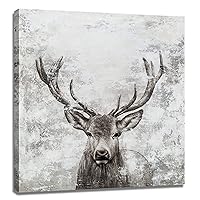 BATRENDY ARTS Red Deer Canvas Wall Art Hand Painted Animal Head Picture Rustic Grey and White Hunting Artwork Painting for Living Room Home Office Decorations