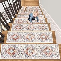 HEBE Non Slip Carpet Stair Treads for Wooden Steps Set of 15 Indoor, 8''X30'' Staircase Step Treads Reusable Rubber Stair Runner Mats for Dogs and Kids, Stairway Grip Step Treads Carpet
