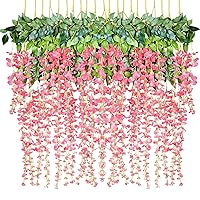 DearHouse 12 Pack 1 Piece 3.6 Feet Artificial Fake Wisteria Vine Ratta Hanging Garland Silk Flowers String Home Party Wedding Decor (Pink)
