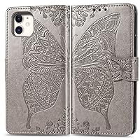 Fashion Charming Butterfly pattern PU+TPU Phone case With Wallet Card Holder For iPhone 14 13 12 11 8 7 6 S X XS XR Plus Pro Max Mini SE Cover Skin-friendly Shockproof Bumper(Light Grey,12 Pro max)