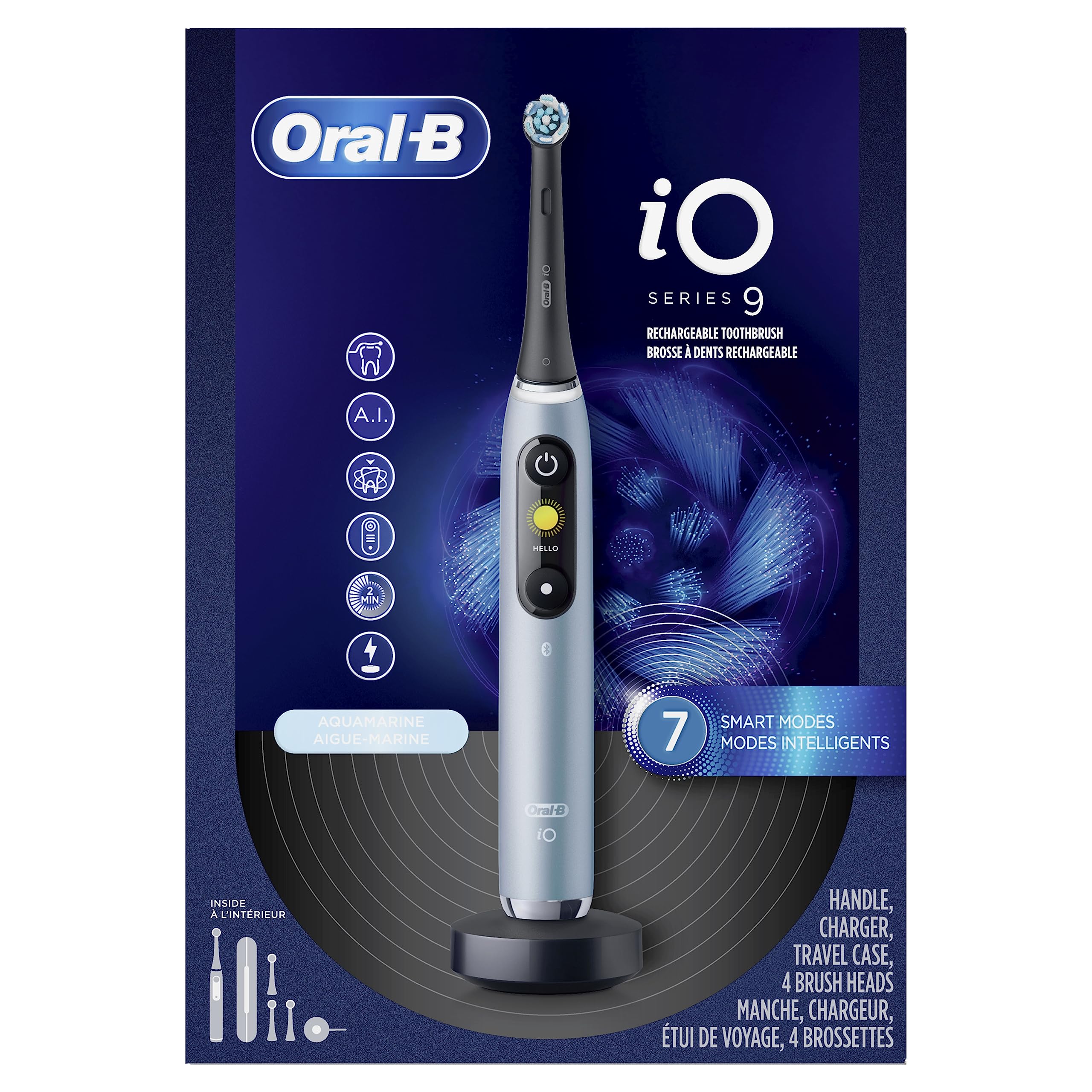 Oral-B iO Series 9 Electric Toothbrush with 4 Brush Heads, Aqua Alabaster
