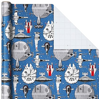Hallmark Star Wars Wrapping Paper with Cut Lines on Reverse (3-Pack: 60 sq. ft. ttl) with Yoda, Darth Vader, Chewbacca, R2-D2, C-3PO, Stormtroopers, X-Wing, Millennium Falcon
