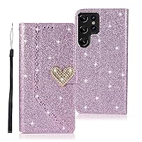 Guppy Women Glitter Wallet Case for Samsung Galaxy S23 Ultra, Bling Glitter [2 Card Slots] Leather Credit Holder Luxury Bling Diamond Rhinestone Heart Lanyard Phone Case（Purple）