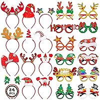 24 PCS Christmas Party Favors, Various Styles Christmas Headbands and Glasses Set, Cute Felt Glitter Eyeglasses Headpieces Set for Xmas New Year Holiday Adults Kids Party Supplies