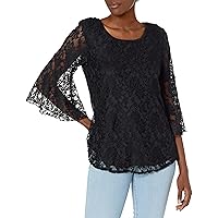 Stretch Lace Bell-Sleeve Keyhole Back Cutout Top-Lined