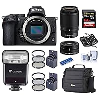 Nikon Z 50 DX-Format Mirrorless Camera Body with NIKKOR 16-50mm f/3.5-6.3 and 50-250mm F/4.5-6.3 VR Lens, Flash Bundle with Flashpoint TTL Flash, Case, 64GB SD Card, Filter Kits and Accessories