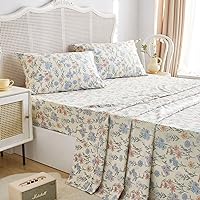 Wake In Cloud - Full Size Bed Sheets, 4-Piece Sheet Set, Deep Pocket, Floral Shabby Chic Coquette Botanical Pink Blue Flower on Ivory Cream, Soft Microfiber Patterned Printed Bedding