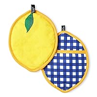 KATE SPADE NEW YORK Lemon Party and Spring Gingham Pot Holder 2-Pack Set, Heat Resistant, 100% Cotton, Navy Blue/Yellow, 7