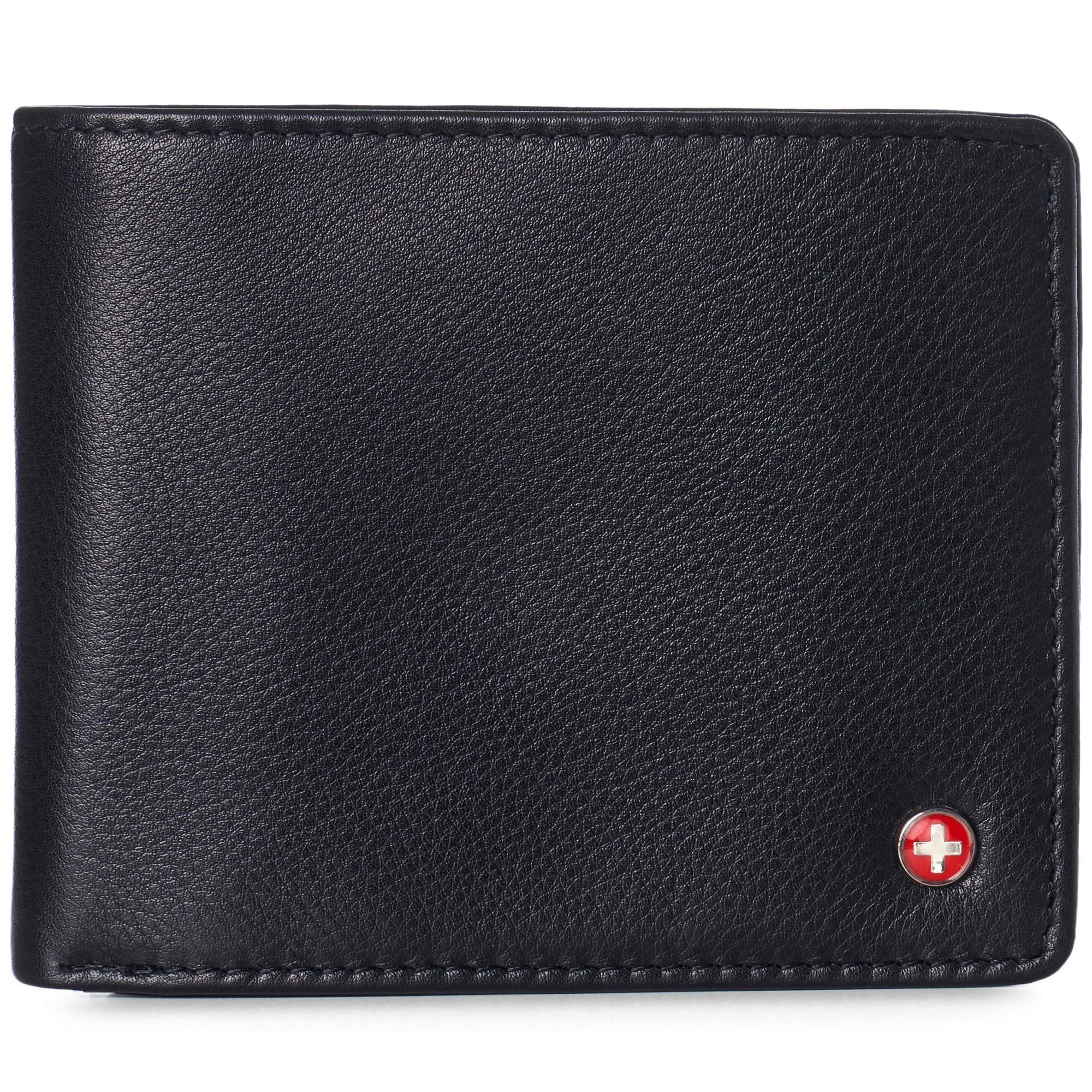 Alpine Swiss RFID Protected Mens Spencer Leather Wallet Bifold 2 ID Windows Divided Bill Section Comes in Gift Box Black
