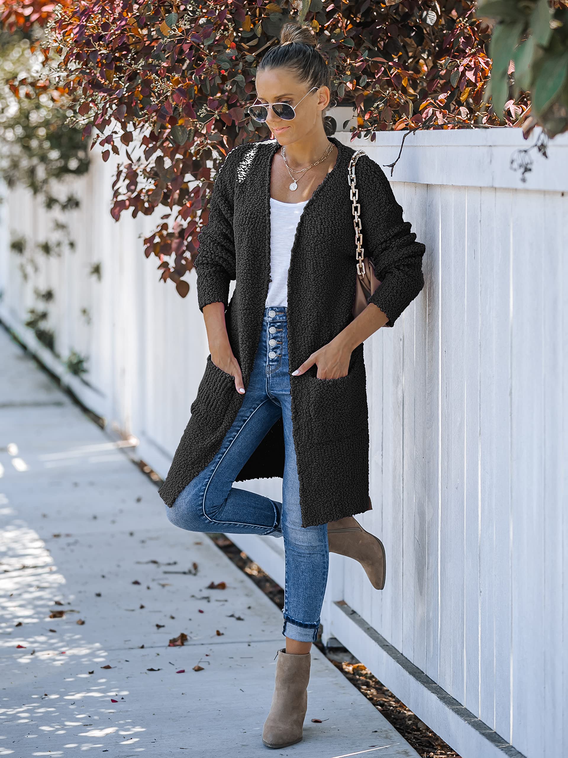 MEROKEETY Women's Long Sleeve Soft Chunky Knit Sweater Open Front Cardigan Outwear Coat A-Black