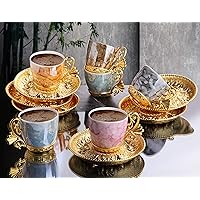 LaModaHome Espresso Coffee Cups with Saucers Set of 6, Porcelain Turkish Arabic Greek Coffee Cup and Saucer, Coffee Cup for Women, Men, Adults, Guests, New Home Wedding Gifts - Mixed/Gold