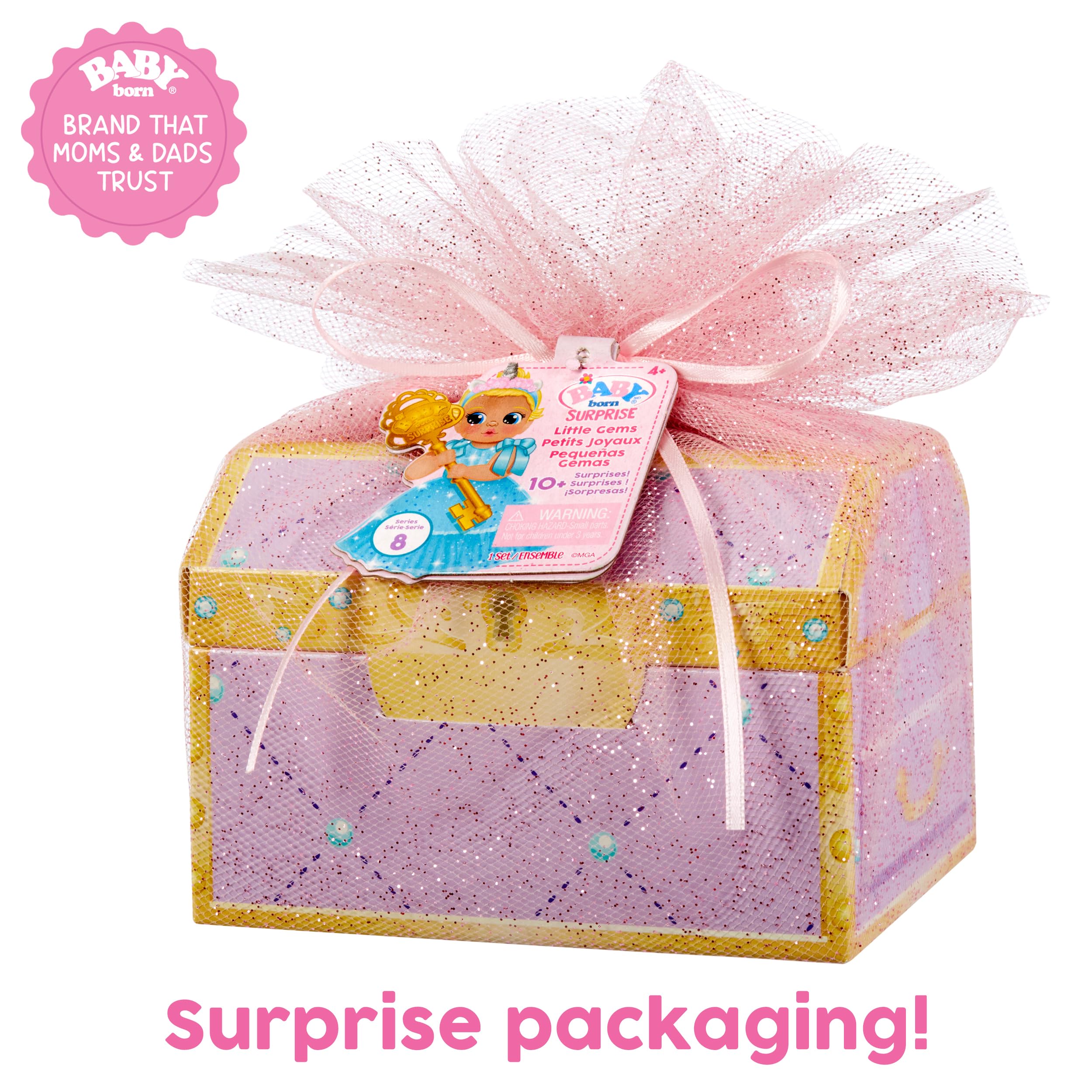 Baby Born Surprise Small Dolls Series 8 - Unwrap Surprise Collectible Baby Doll with 3 Water Surprises, Gemstone-Themed Dress, Color Change Diaper, Treasure Chest Packaging, for Kids Ages 4 & Up