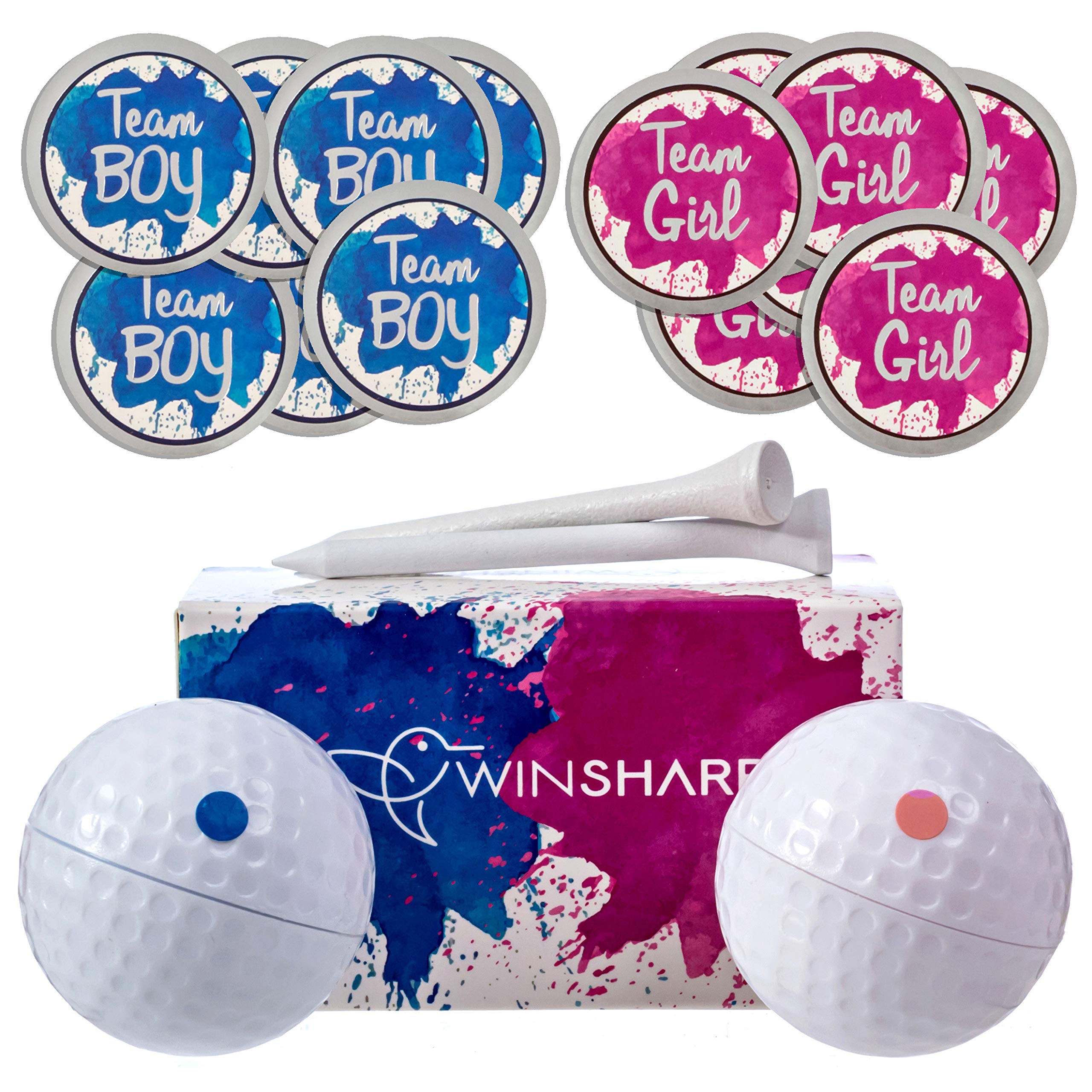 Winsharp Gender Reveal Golf Balls Exploding Golf Ball Set - 2 Balls - 1 Pink & Blue Plus Golf Tees and 20 Pink and 20 Blue Baby Gender Voting Stickers Gender Reveal Decoration Ideas Golf Theme