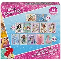 Disney Princess, 12-Puzzle Pack 48-Piece 63-Piece 100-Piece Jigsaw Puzzles For Kids Ariel Moana Cinderella Jasmine, For Preschoolers Ages 4 And Up