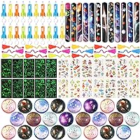 Threan 120 Pcs Space Party Favors Planet Bouncy Balls Sticky Feet Slap Bracelets Rocket Flashlight Keychains Luminous Tattoo Stickers Space Party Goodie Bag Fillers for Christmas Birthday Kids Gift