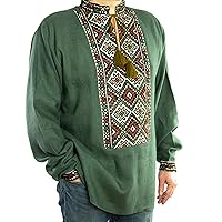 Military Vyshyvanka Mens Ukrainian Shirt Hand Embroidery Linen Olive Green Satin Stitch Size L