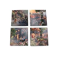 Disney Lady and The Tramp Glass Coaster Set - Thomas Kinkade - Comes with Stylish Modern Wooden Holder