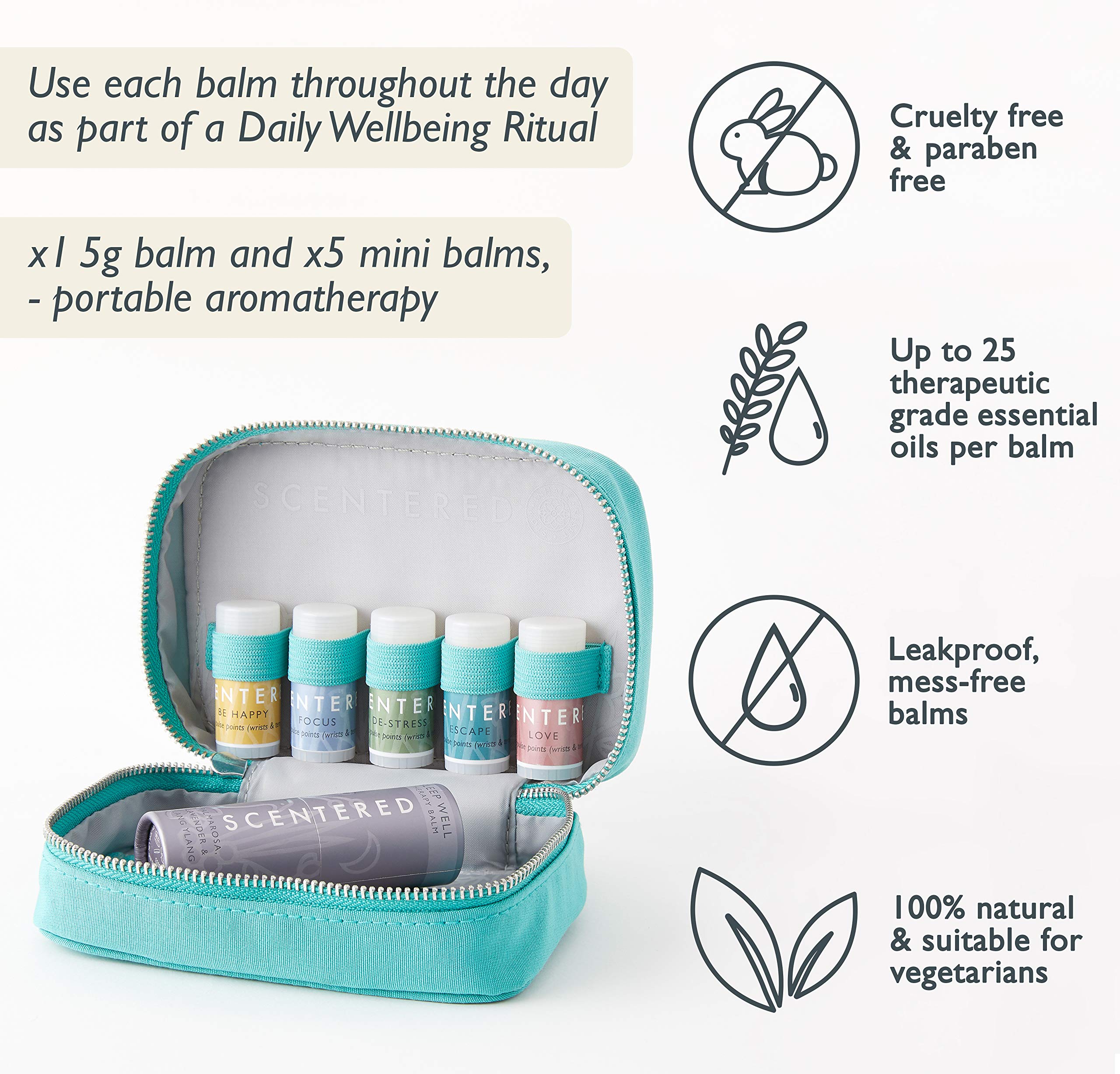 Scentered Daily Ritual Aromatherapy Balm Gift Set - Essential Oil Blends: 1 x Sleep Well (5g), 5 x Mini Balms: De-Stress, Focus, Happy, Escape & Love