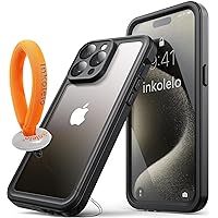 inkolelo Compatible with iPhone 15 Pro Waterproof Case, Built-in Screen Full-Body Protector with Floating Strap IP68 Waterproof Case for iPhone 15 Pro 6.1 inch Case (2023) - Matte Black/Orange