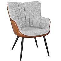 Yaheetech Accent Chair, Modern Fuzzy Boucle Fabric and Faux Leather Armchair, Upholstered Vanity Chair with High Curved Back and Metal Legs for Living Room Makeup Bedroom, Gray/Retro Brown