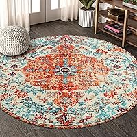Lahome Bohemian Floral Medallion Round Rug - 4Ft Soft Bedroom Area Rug Oriental Distressed Washable Entryway Foyer Throw Mat Non-Slip Door Carpet for Dining Living Room Bedside Nursery, Orange/Multi