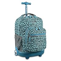 J World New York Sunrise Kids Rolling Backpack for Girls Boys Teen. Roller Bookbag with Wheels, Mint Leopard, 18