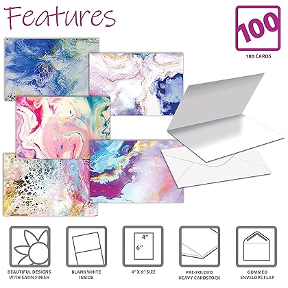 Better Office Products 100-Pack All Occasion Greeting Cards, Assorted Blank Note Cards, 4 x 6 inch, 5 Abstract Art Designs, Blank Inside, with Envelopes, 100 Pack