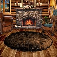 Dark Brown Shag Faux Fur Area Accent Throw Rug - Round - Faux Sheepskin - Bear Skin - Fur Accents Carpet - USA (60