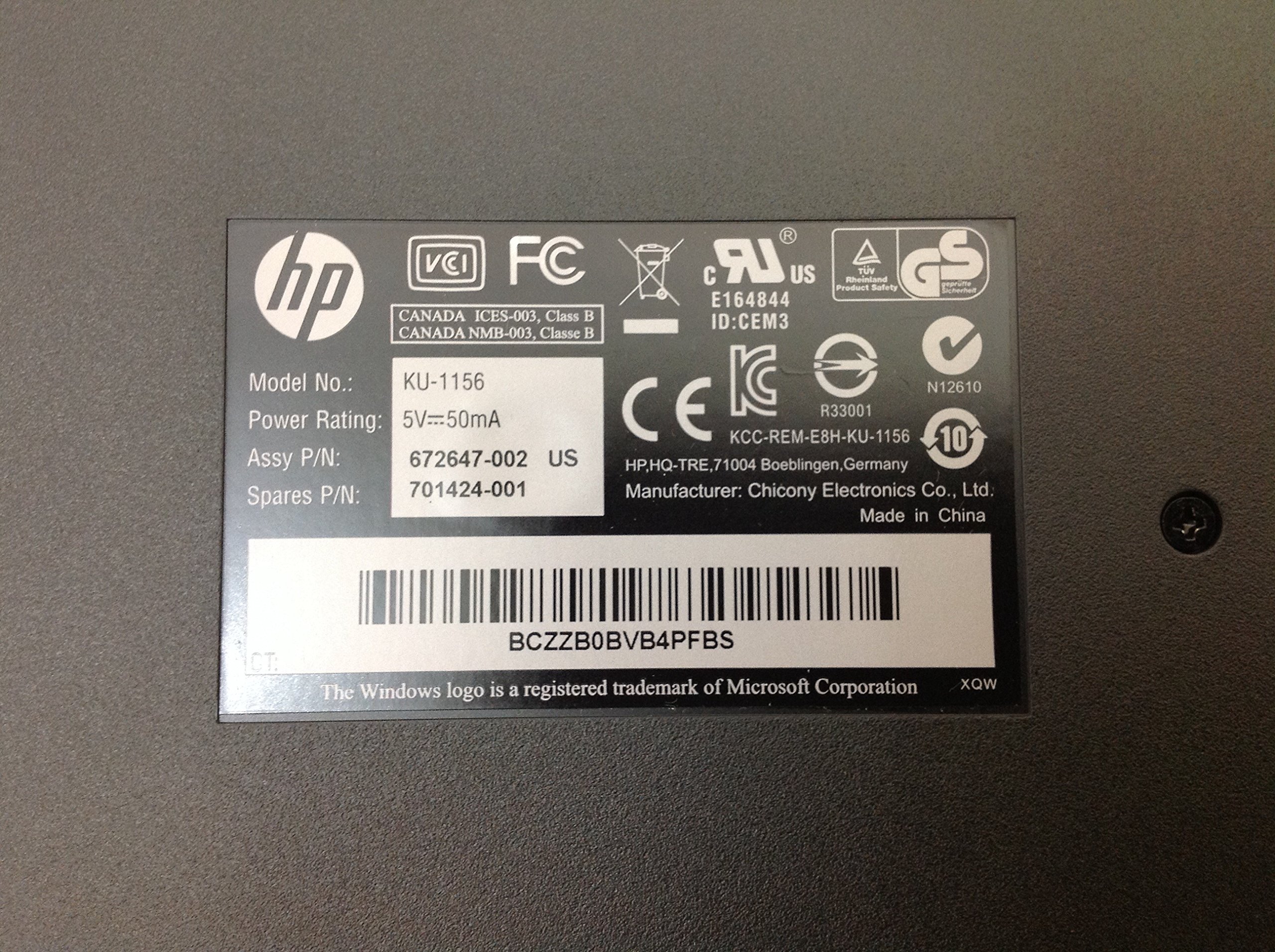 HP Black Keyboard KU-1156 PN 672647-002