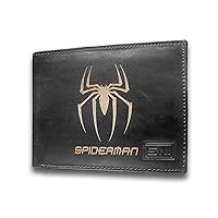 Spiderman Genuine Cowhide Leather Laser Engraved Engraving Slimfold Mens Large Capacity Luxury Wallet Purse Minimalist Sleek and Slim Black Credit Card Holder Organizer 14 Pockets