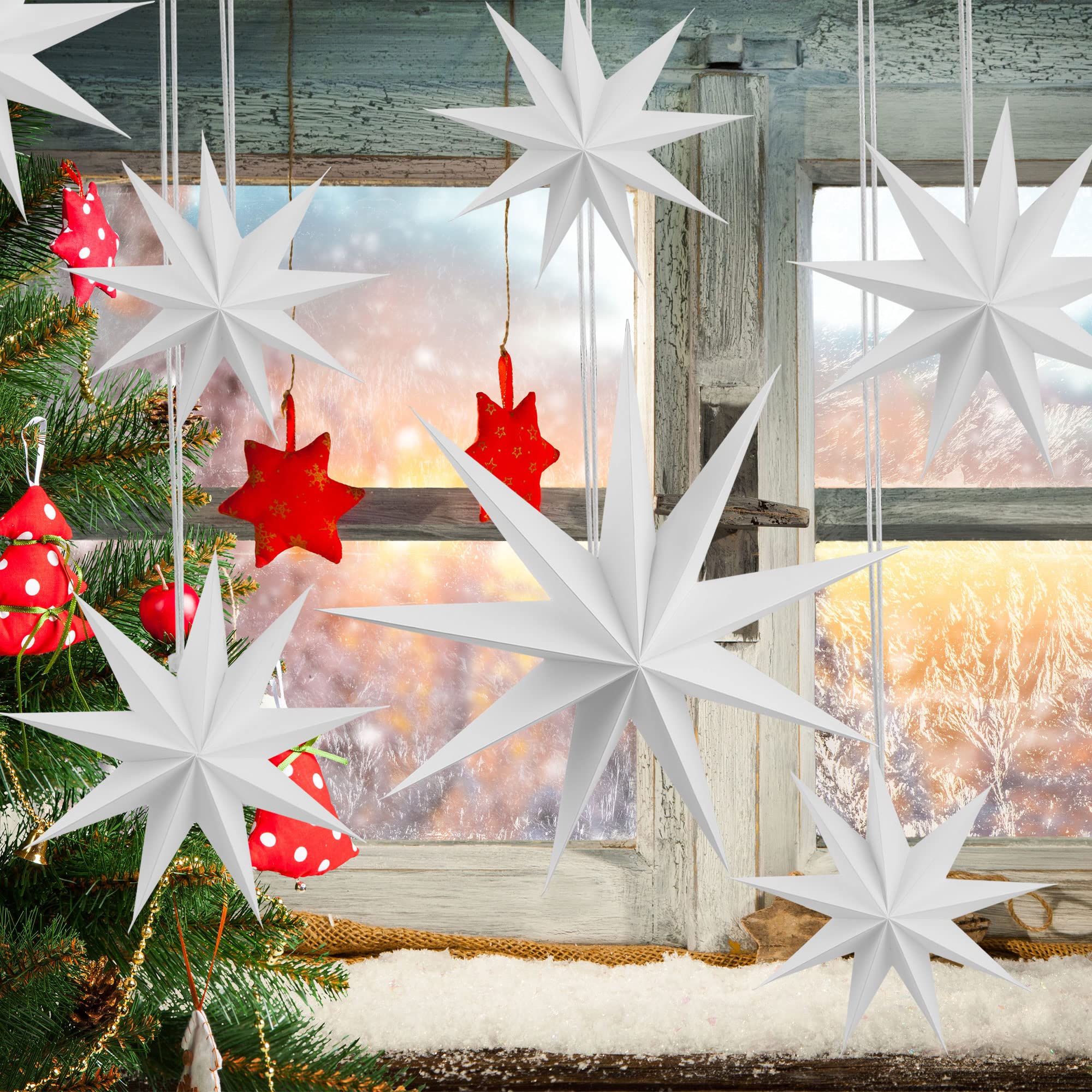 Cotiny 8 Pieces 3D Paper Stars Christmas White 9-Pointed Paper Star Hanging Decorations for Weddings Christmas Birthday Party Home Decor, 3 Size