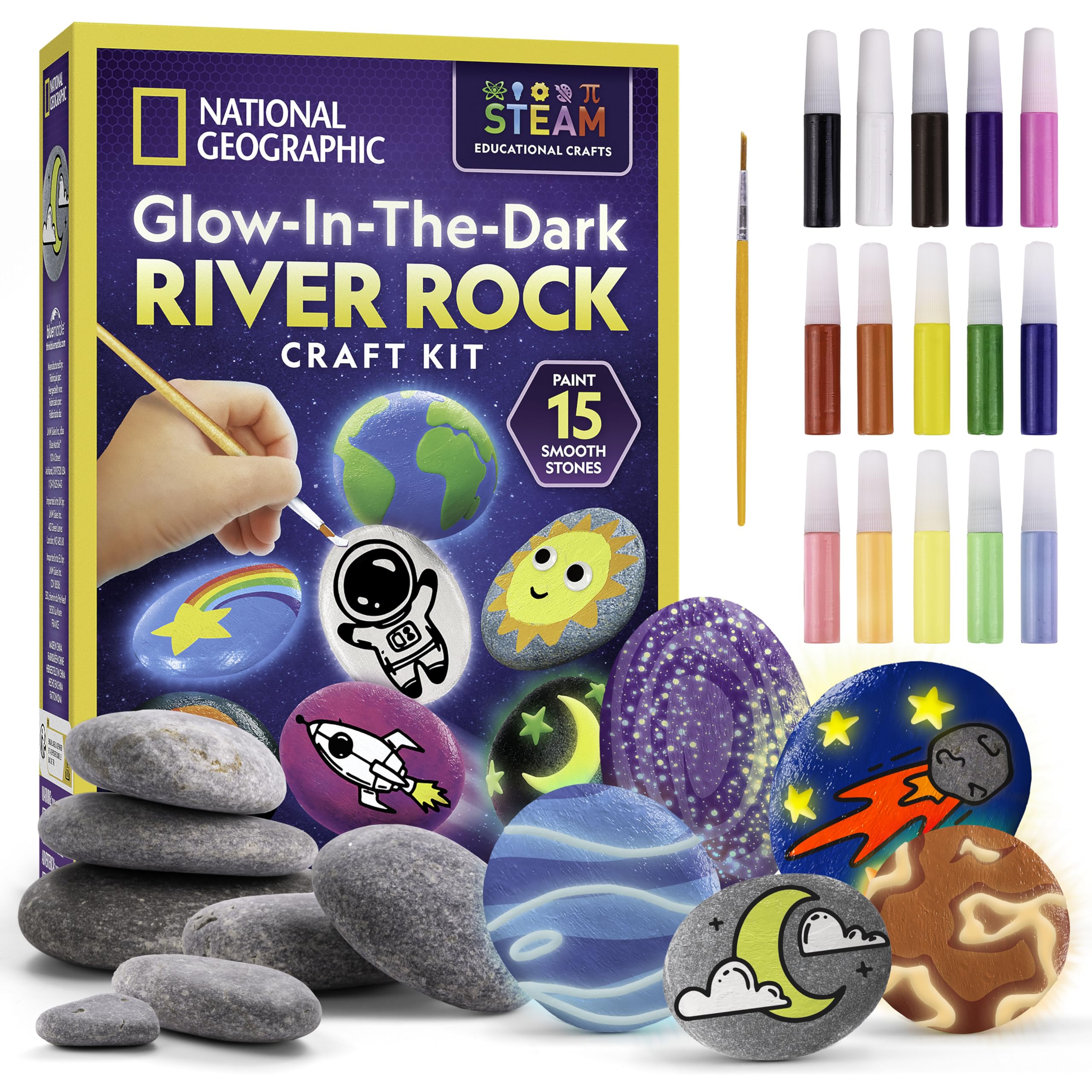 NATIONAL GEOGRAPHIC Glow in The Dark Rock Painting Kit - Arts & Crafts Kit for Kids, Decorate 15 River Rocks with 15 Paint Colors & More Art Supplies, Kids Craft, Kids Art Kit, Kids Activity Kit