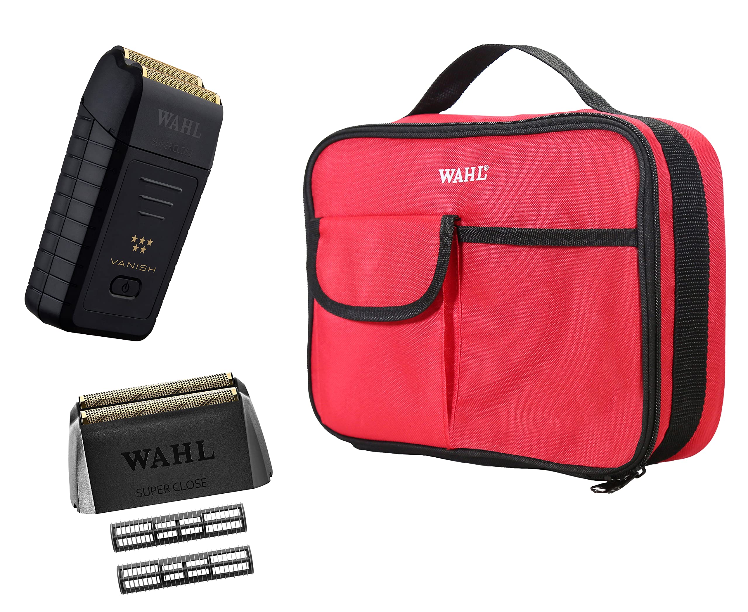Wahl Professional 5 Star Vanish Shaver & Red Travel Storage Bag & Vanish Shaver Replacement Gold Foil and Cutter Bar Assembly Bundle