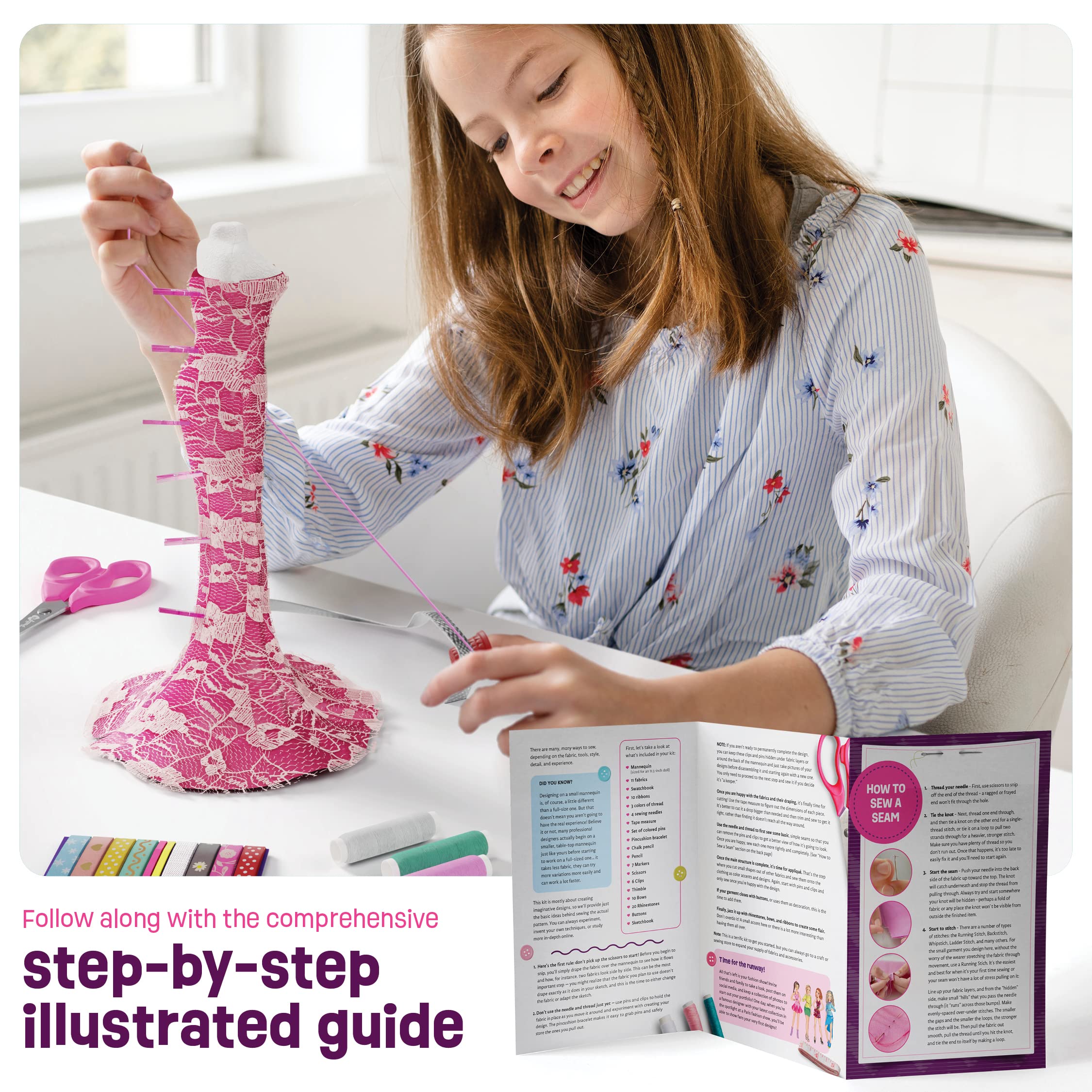 Fashion Design Studio - Sewing Kit for Kids - Girls Arts & Crafts Kits Age 6, 7, 8, 9, 10-12 - Learn to Sketch & Sew with Real Designer Sketchbook - Kid Art Project Gift - Girl Craft Activities Gifts