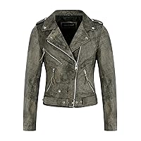 Ladies Vintage Biker Fashion Jacket Real Leather Classic Olive Crack Effect MBF