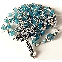 elegantmedical HANDMADE Sterling Silver Wire Wraped Aquamarine BEADS 5 DECADE ROSARY Cross crucifix necklace