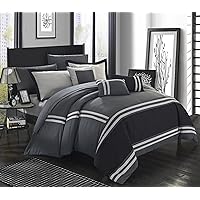 Chic Home Zarah Colorblock Queen Size Comforter Set, 10-Piece King Bedding Set with Queen Comforter, Shams, Decorative Pillows, and Sheet Set - Bed in a Bag Queen (Grey)