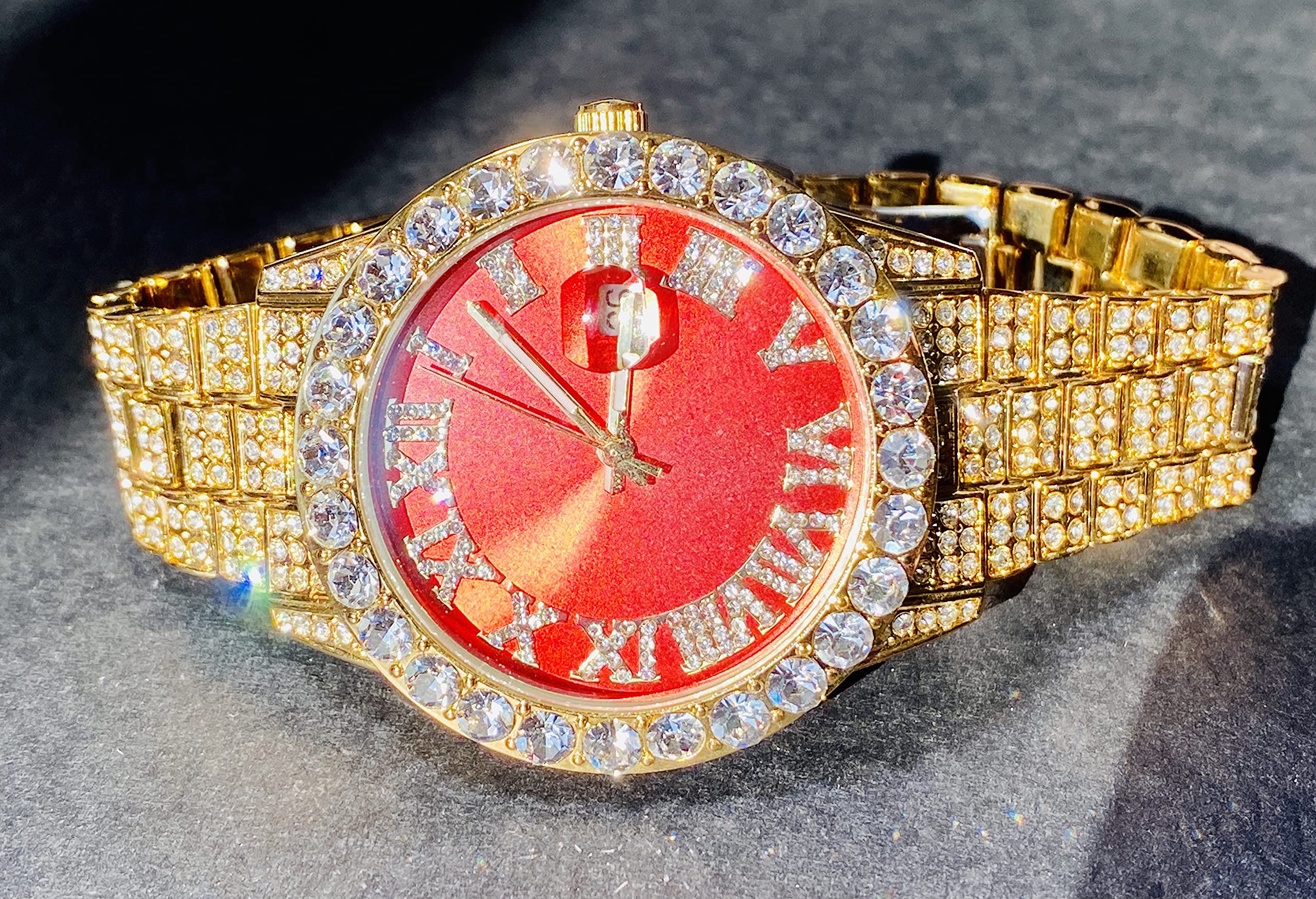 Men's Round Gold Red Dial Wrist Watch Band Luxury CZ Diamond Iced Bracelet Watch Roman Numeric Dial Watch For Men Women Hip Hop Rapper Choice, Jewelry Watch, Iced Watch Custom Fit, Bust Down Watch