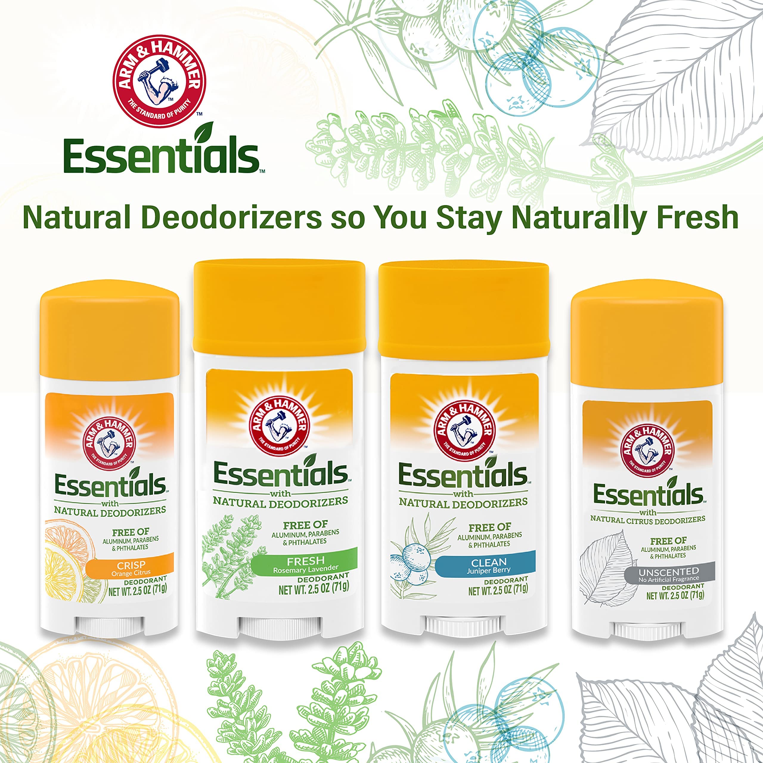 ARM & HAMMER Essentials Deodorant- Unscented- Solid Oval- Made with Natural Deodorizers- Free From Aluminum, Parabens & Phthalates, 2.5 Oz