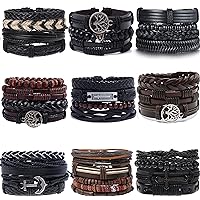 9 Pack Mens Leather Bracelets Set for Men Women Woven Wrist Cuff Bracelets Hemp Cords Wooden Beads Ethnic Tribal Handmade Wrap Adjustable Wristband Bracelets