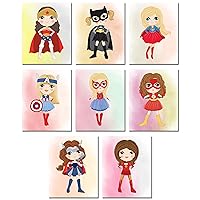 Cute Superhero Girls Wall Art Prints - Set of 8 (8 inches x 10 inches) SuperGirl Bedroom Playroom Photos