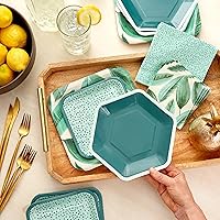 Hallmark Palm Leaves Party Supplies (16 Square Dinner Plates, 8 Square Dessert Plates, 8 Hexagonal Dessert Plates, 16 Dinner Napkins, 16 Beverage Napkins) Plants, Polka Dots, Dark Green