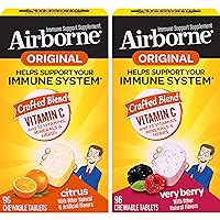 Airborne 1000mg Vitamin C Chewable Tablets Citrus & Very Berry Flavor Bundle - Immune Support Supplement with Zinc and Powerful Antioxidant Vitamins A C & E, (2x96ct Bottles)*